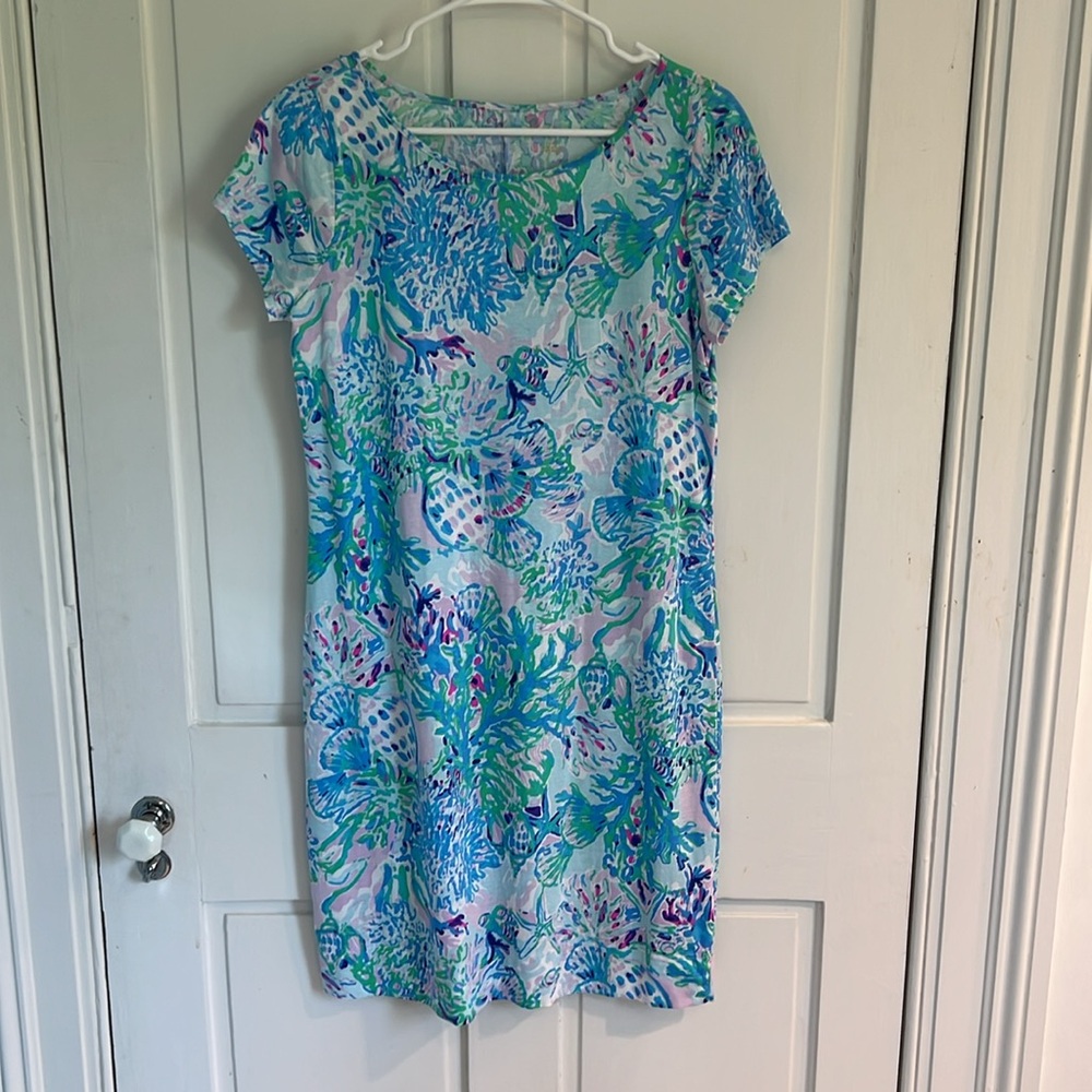 Lilly Pulitzer Blue and Green Patterned T shirt Marlowe dress M